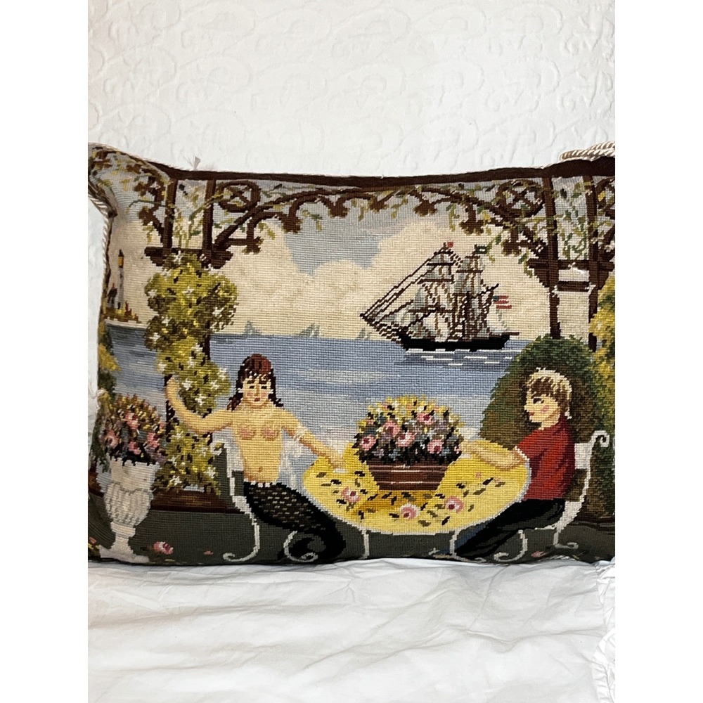 Vintage Katha Diddel Needlepoint Pillow Mermaid Sailboat Nautical 9x16"